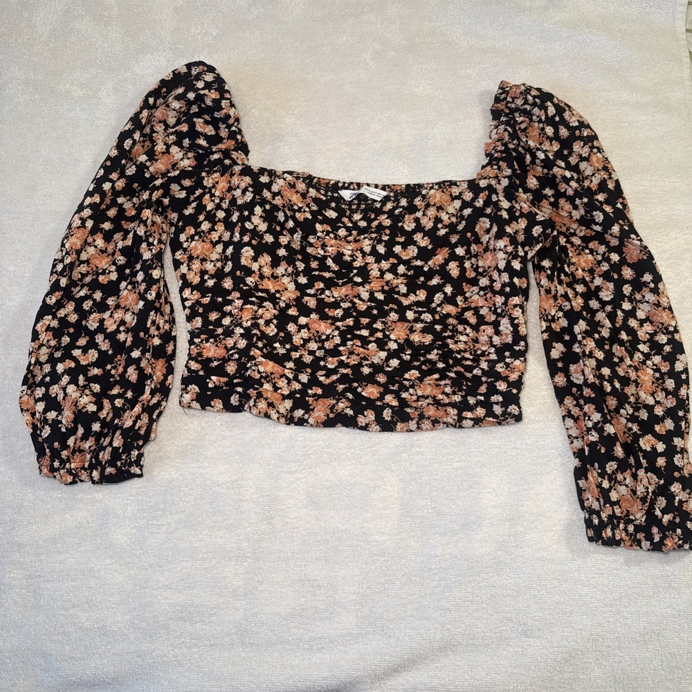 Zara Black Floral Ruched Puff Sleeve Top Sweetheart Neck Cottagecore Blouse Sz S